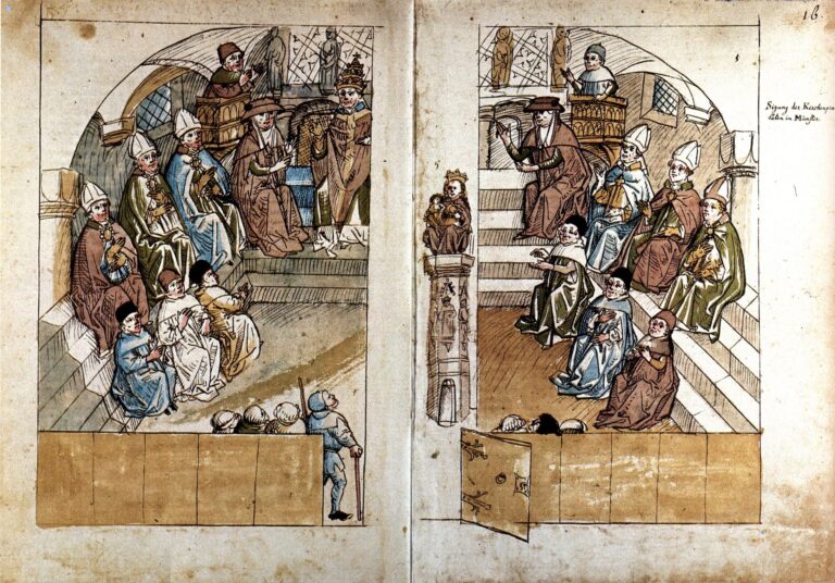 Les évêques débattant avec le pape de Pise Jean XXIII lors du concile de Constance, chronique des années 1460 I Domaine public