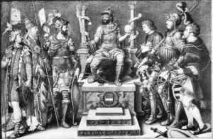Charles Quint trônant sur ses ennemis vaincus (de gauche à droite) : le sultan Soliman, le pape Clément VII, François Ier, le duc de Clèves, le duc de Saxe et le landgrave de Hesse. - Simonzio Lupi / Domaine public