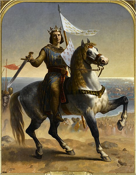 Le roi Louis IX sur son cheval tenant d'une main son épée et de l'autre la bannière - Émile Signol   | Domaine public
