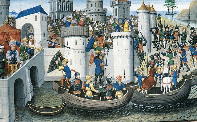 Miniature du siège de Constantinople par les croisés en 1204, XVe siècle, « livre traittant en brief des empereurs », David Aubert | Domaine Public