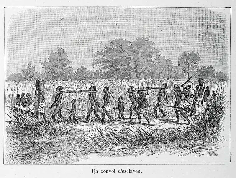 Convoi d’esclaves. In « Aventures de six français aux colonies. Bonnefont, Gaston. 1890 » - Musée historique de Villèle | Domaine public