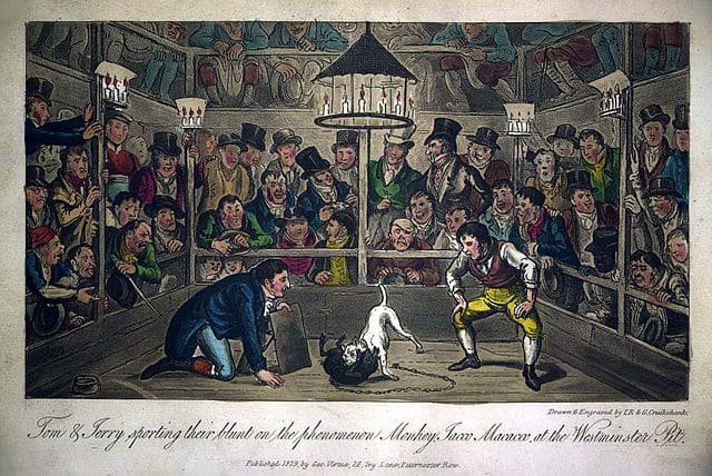Illustration de Georges Cruikshank dans Life In Lodon représentant un combat de chiens dans les bas-fonds | Domaine public