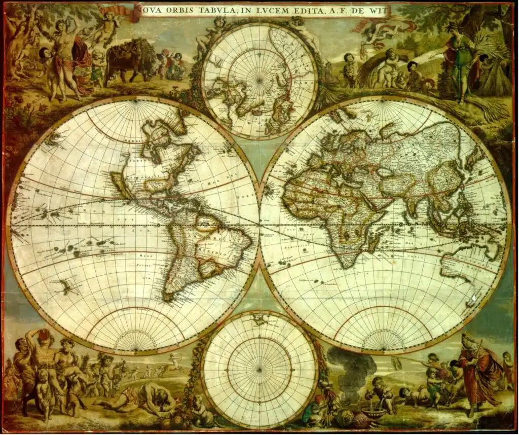 La Mappemonde de Frederik de Wit publiée en 1662 à l'apogée du siècle d'or des Pays-Bas par la plus grande maison d'édition géographique de l'époque, symbolise la prépondérance économique, scientifique, culturelle et artistique du pays, parvenu au rang de grande puissance et qui domine la cartographie elle-même. - Bibliothèque Nationale de Belgique | Domaine Publique