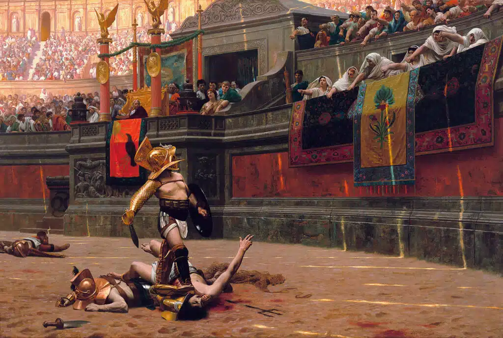 La vision romantique de la gladiature, avec le geste du pouce tourné vers le bas pour décider de la mort des gladiateurs, est erronée. Cependant, cette représentation est fréquemment reprise dans de nombreux péplums, contribuant ainsi à sa popularisation auprès du grand public - Jean-Léon Gérôme | Domaine public