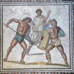 Un retiarius poignarde un secutor avec son trident dans cette mosaïque de la villa de Nennig, Allemagne, vers le IIe ou IIIe siècle après Jésus-Christ - Time Travel Rome (capture) | Creative Commons BY 2.0
