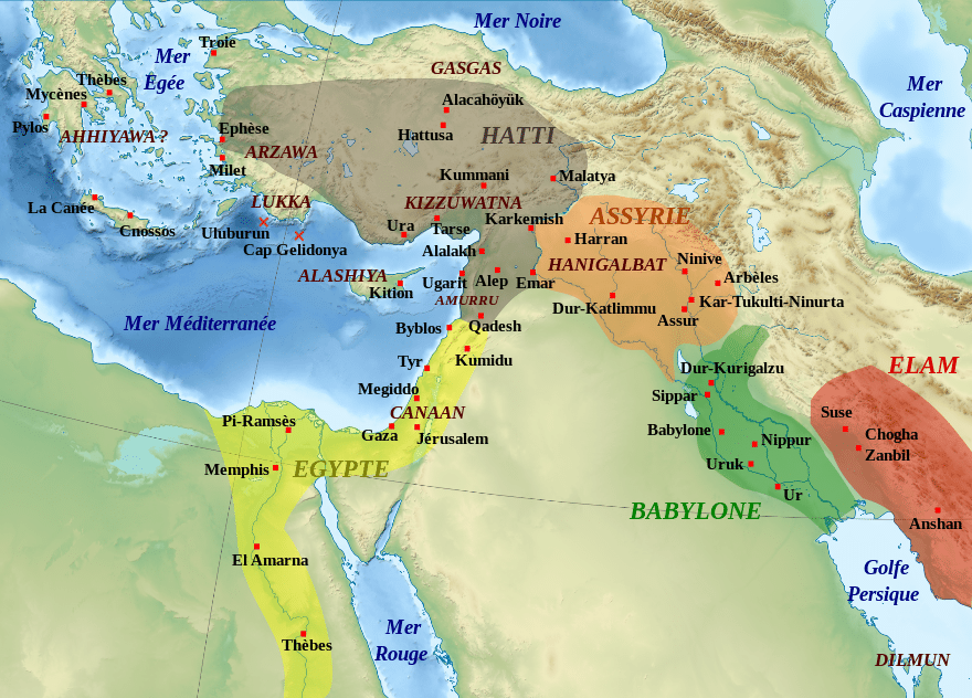 Carte de la situation géopolitique en Orient au début de la dynastie des Ramessides (XIVe siècle avant Jésus-Christ) I Creative Commons BY-SA 3.0
