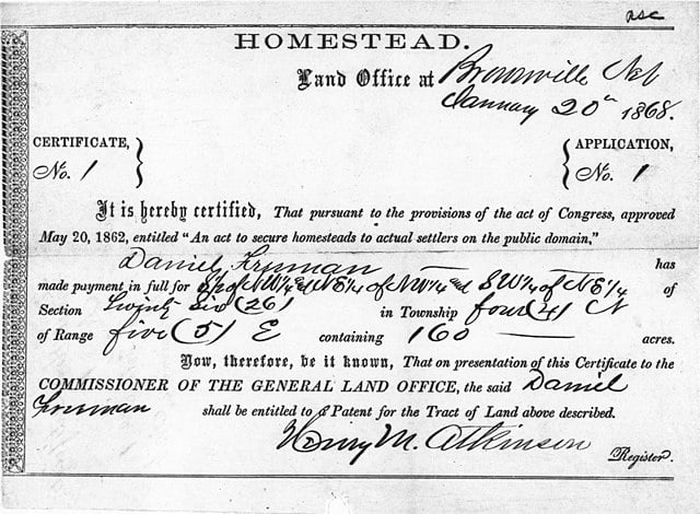 Certificat du premier homestead selon le Homestead Act. remis à Daniel Freeman, 1868 - Gouvernement américain | Domaine public
