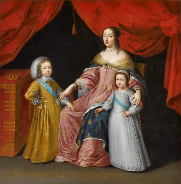 Anne d'Autriche et ses deux enfants, le futur Louis XIV, et Philippe, duc d'Orléans - École de peinture française | Domaine public