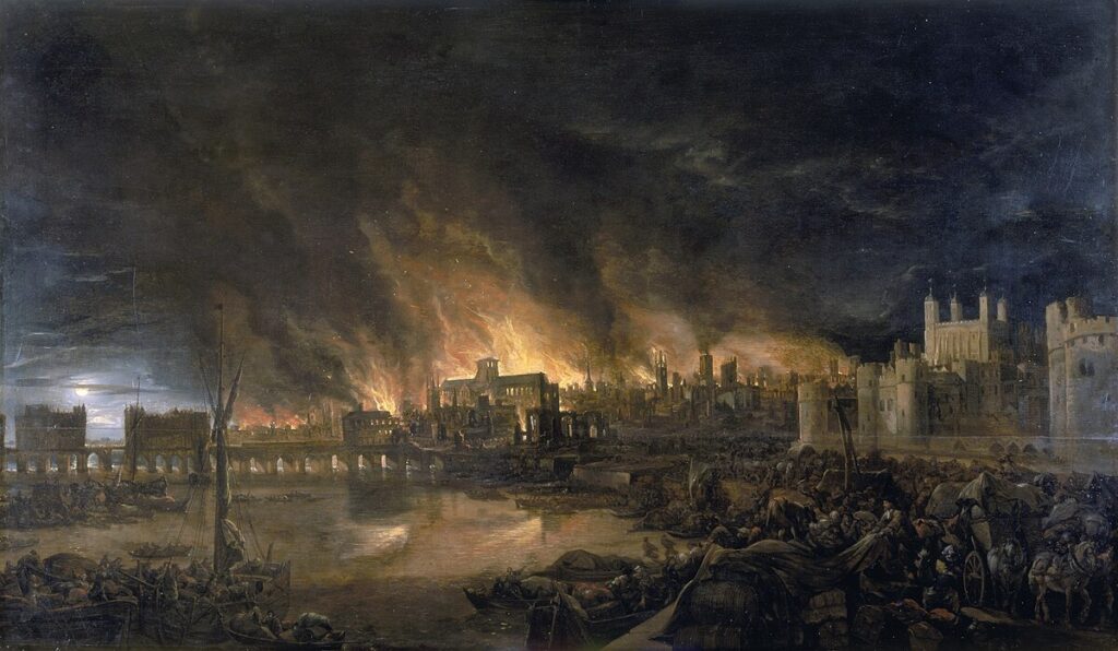 The Great Fire of London, représenté par un peintre inconnu en 1675 - Josepha Jane Battlehooke | Domaine public
