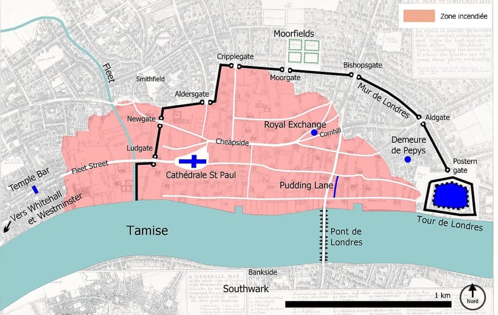 Carte en français montrant la zone touchée par le grand incendie de Londres en 1666 - Sémhur | Creative Commons BY-SA 3.0