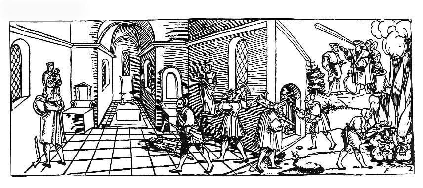 Lamentation des pauvres idoles persécutées et images du temple par Erhard Schön, vers 1530 | Domaine public