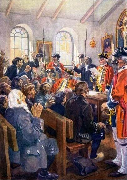 Lecture de l'ordre d'expulsion aux Acadiens dans l'église paroissiale de Grand-Pré, en 1755 - Charles William Jefferys | Library and Archives Canada, Acc. No. 1972-26-768