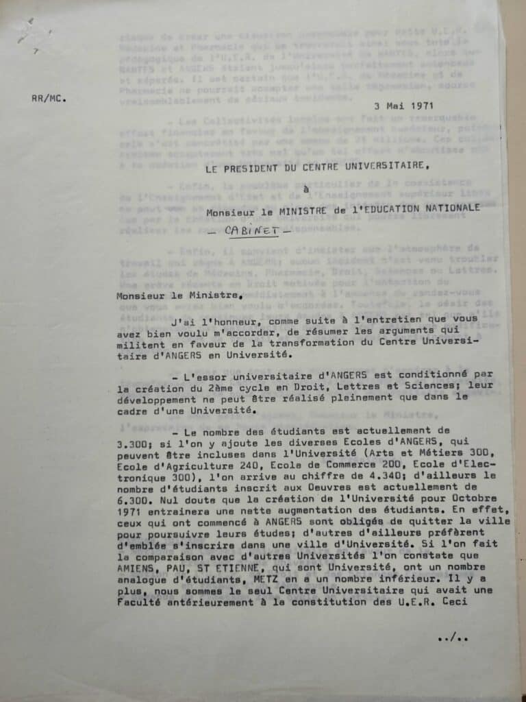 Courrier du Président de l’université d’Angers au Ministre de l’Éducation Nationale (2ETP1/203) (recto) | Archives départementales de Maine-et-Loire