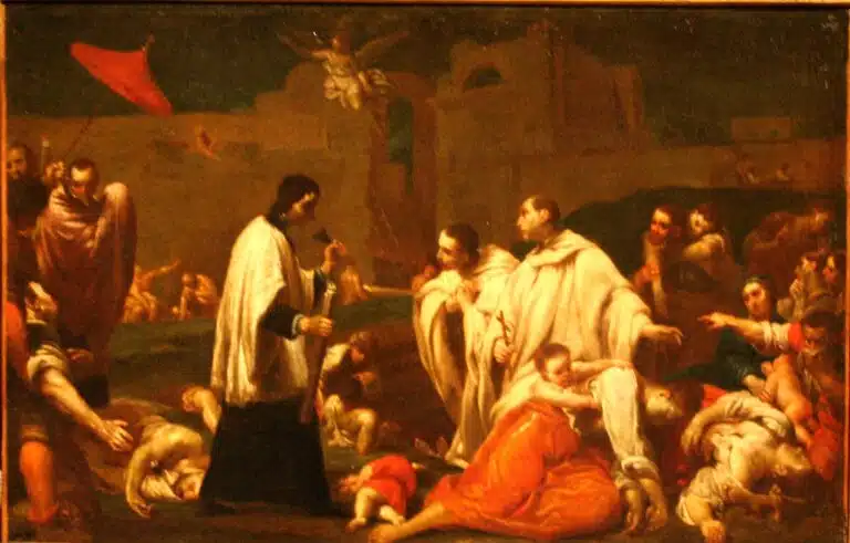 Bernardo Tolomei au milieu des victimes de la peste noire à Sienne en 1348 - Giuseppe Maria Crespi | Domaine public
