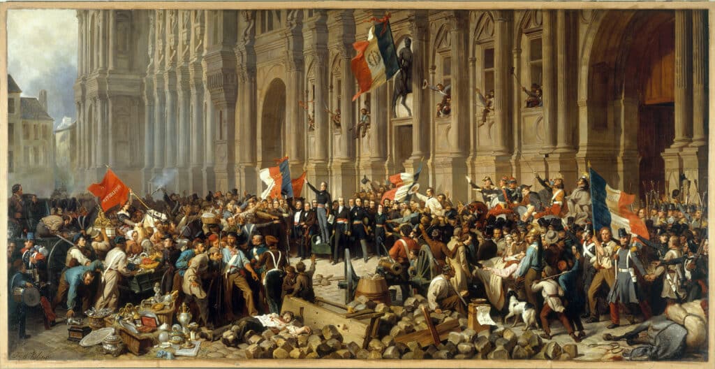 Lamartine devant l’hôtel de ville de Paris le 25 février 1848 refuse le drapeau rouge – Peinture de Félix Philippoteaux | Domaine public