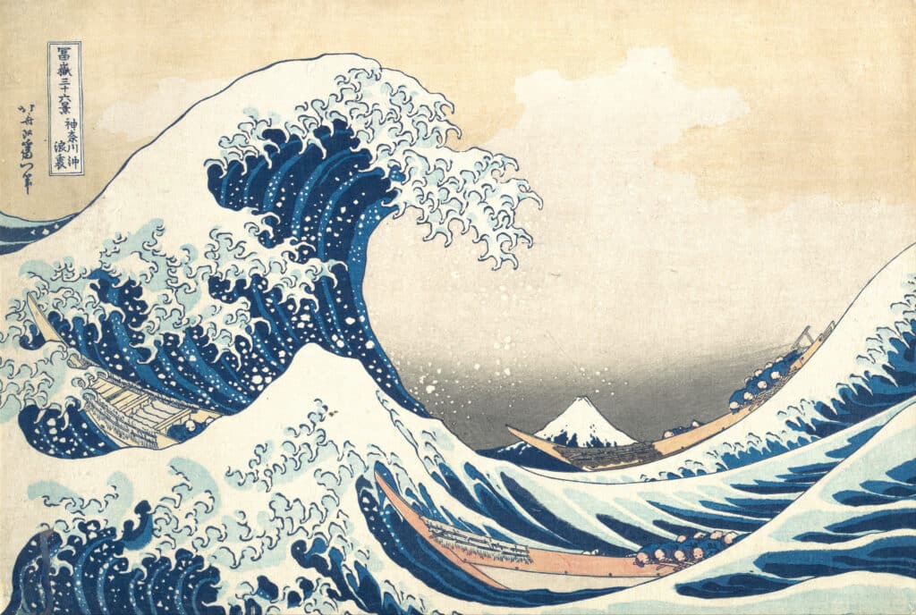 Le-bleu-de-la-La-Grande Vague de Kanagawa de Hokusai imprimée vers 1830-1832 est du bleu de Prusse - Hokusai (Metropolitan Museum of Art) | Domaine public