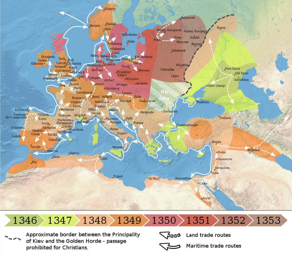 Carte représentant la propagation de la peste noire entre 1346 et 1353 - Flappiefh (Pseudo Wikipédia) | Creative Commons BY-SA 4.0