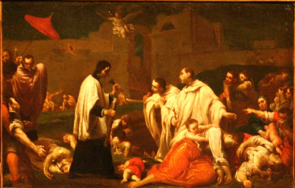 Bernardo Tolomei au milieu des victimes de la peste noire à Sienne en 1348, Giuseppe Maria Crespi, 1735 | Domaine public