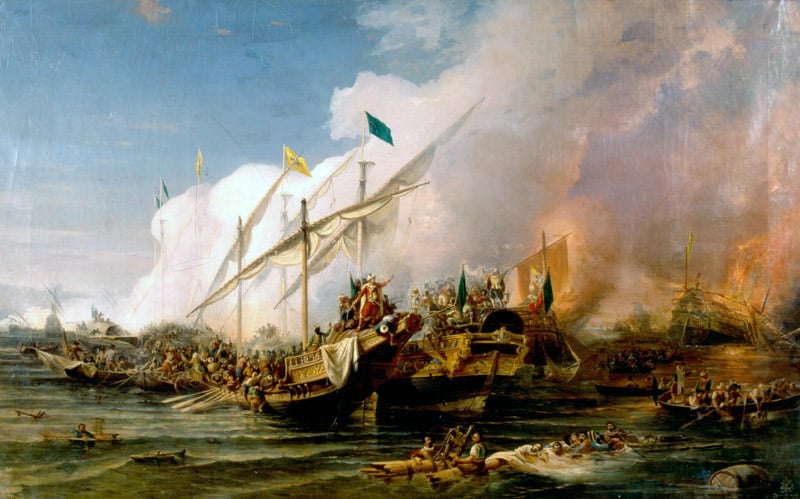 Barberousse défait la Sainte Ligue de Charles Quint sous le commandement d’Andrea Doria à la bataille de Préveza (1538) – Osman Nuri Pasha, Hovhannes Umed Behzad | Domaine public