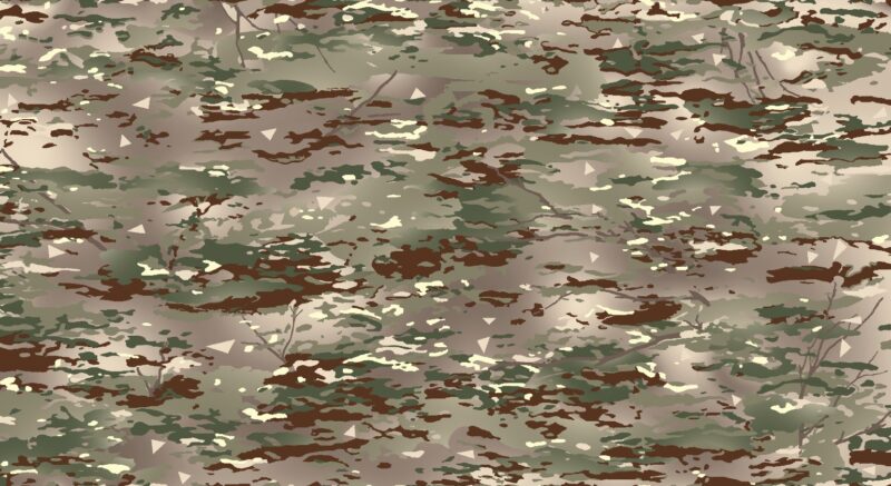 Le bariolage BME et, parsemés au milieu d’autres taches, ses triangles inspirés du camouflage Scorpion - État-major des Armées | Licence etalab-2.0