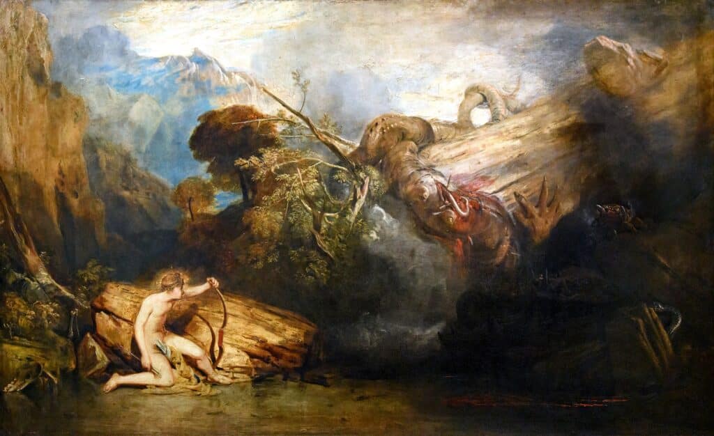 Huile sur toile illustrant Apollon victorieux sur Python, achevée en 1811 - J. M. W. Turner (propriété du Tate Britain (Londres)) | Domaine public