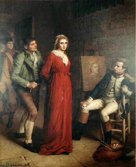 Hauer peigant le portrait de Charlotte Corday | Elle porte la robe rouge de celle qui va être guillotinée - Emery Duchesne | Creative Commons BY-SA 4.0 DEED