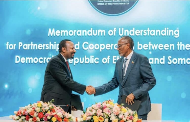 Le Premier ministre éthiopien, Abiy Ahmed, et le dirigeant du Somaliland, Muse Bihi Abdi, lors de la signature de l'accord le 1er janvier à Addis Abeba - Compte X du Premier ministre éthiopien