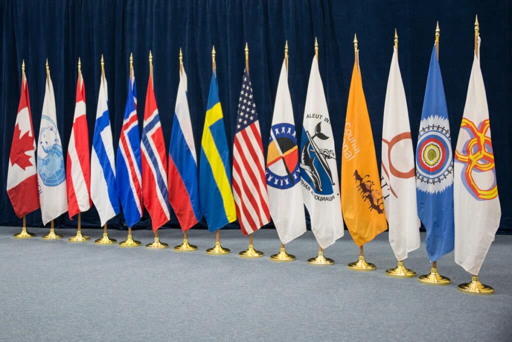 Drapeaux des huit États membres du Conseil de l’Arctique et des six organisations autochtones qui en sont membres permanents - Arctic Council & Linnea Nordström