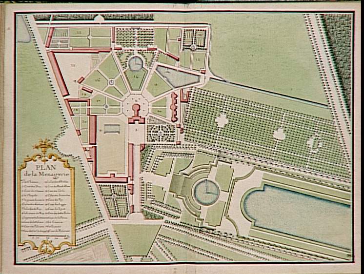 Plan de la ménagerie de Versailles, sous Louis XV, auteur anonyme, 1747, extrait du Recueil des châteaux, jardins, bosquets et fontaines de Versailles, Trianon et la Ménagerie | Domaine public