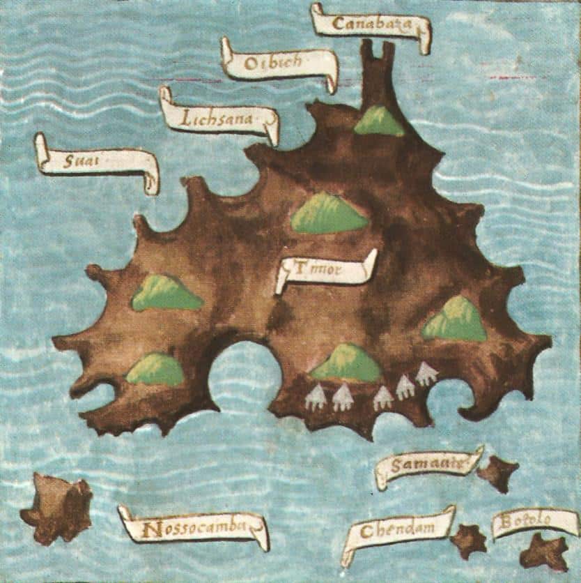 Illustration en forme de carte stylisée et schématique de Timor dans le manuscrit Beinecke de la relation de Pigafetta - Antonio Pigafetta | Domaine public