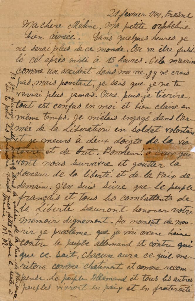 Lettre originale de Mélinée à Missak Manouchian, Mémorial du Mont Valérien. 