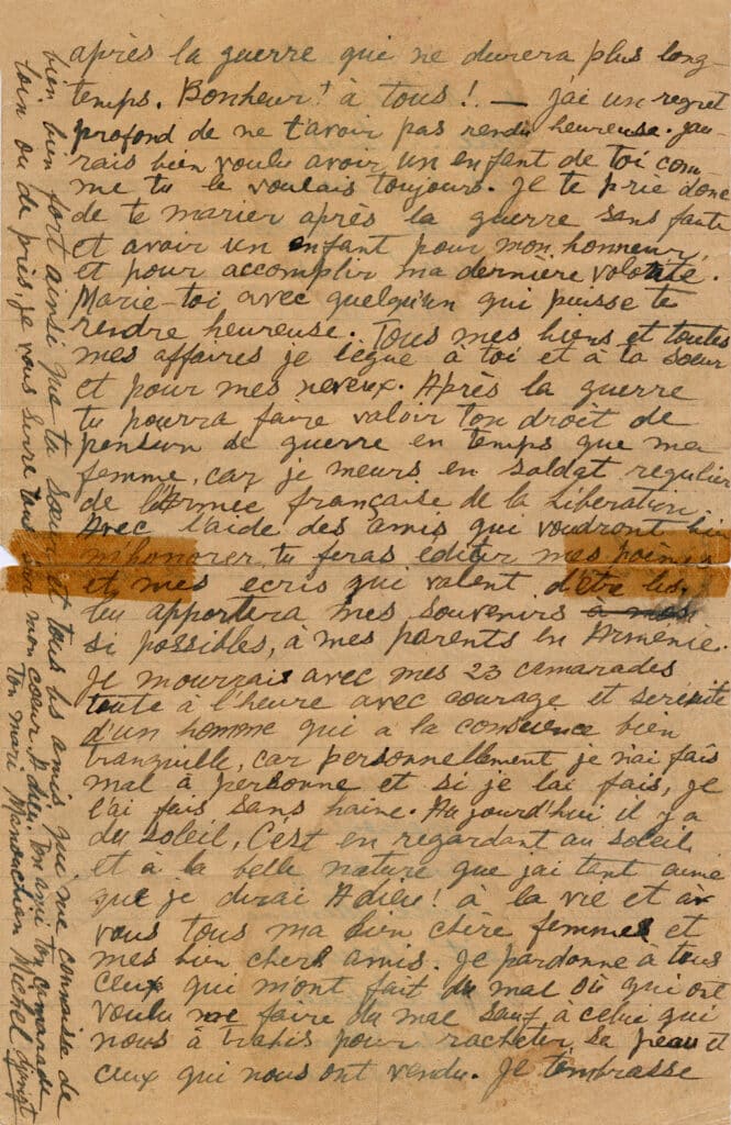 Lettre originale de Mélinée à Missak Manouchian, Mémorial du Mont Valérien. 