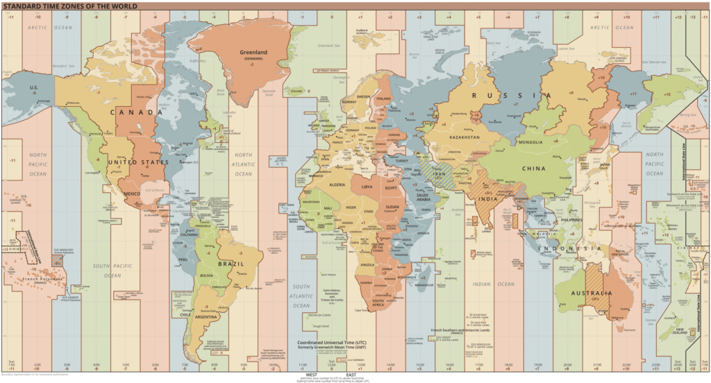 Planisphère des fuseaux horaires utilisés dans les différentes régions du monde - UnaitxuGv | Domaine publique