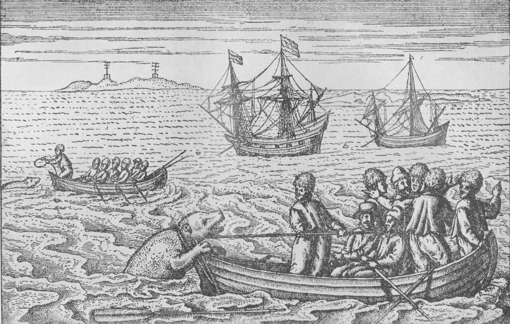 Des marins du navire de Willem Barents attrapant un ours polaire au large de la Nouvelle-Zemble lors de la première expédition néerlandaise visant à trouver un passage au nord-est vers la Chine, dirigée par Cornelis Nay et Willem Barents en 1594. Auteur anonyme | Domaine public