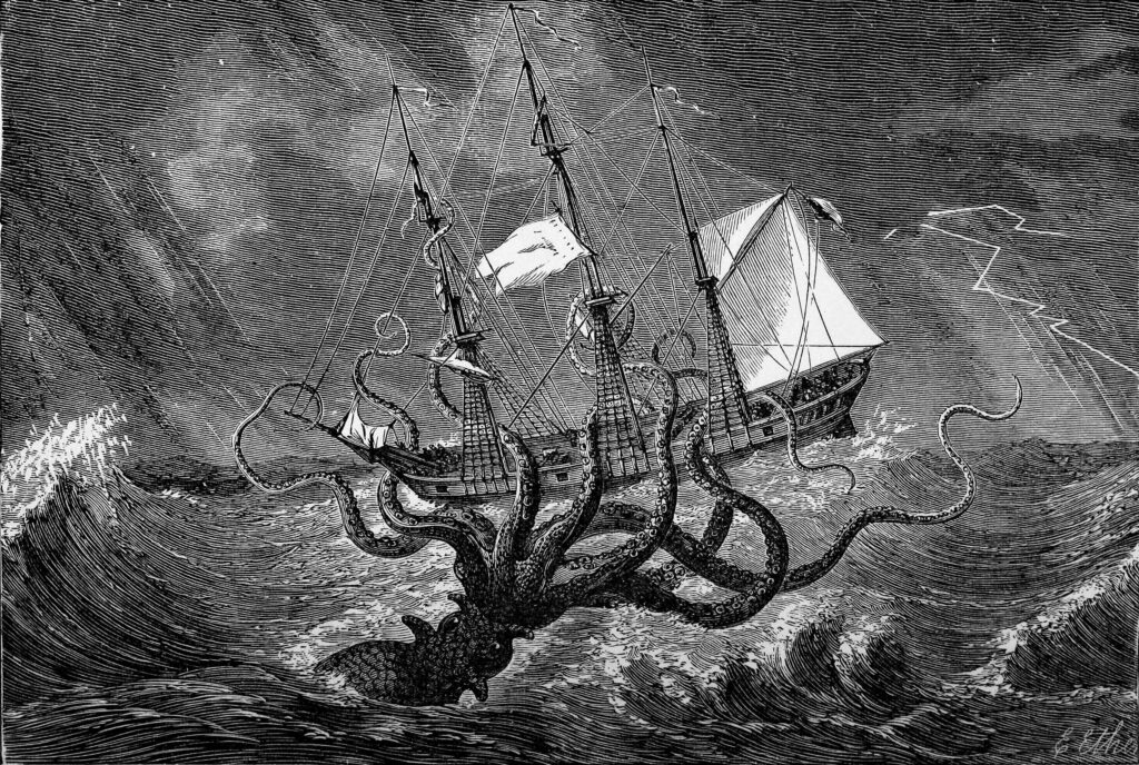 Le Kraken vu par l’œil de l’imagination : vue imaginaire d’une pieuvre géante s’emparant d’un navire - Edgar Etherington | Domaine public