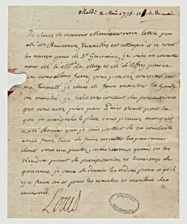 Lettre de Louis XVI à Turgot durant la révolte frumentaire de la Guerre des farines, 2 mai 1775 – Archives nationales, Paris | Domaine public
