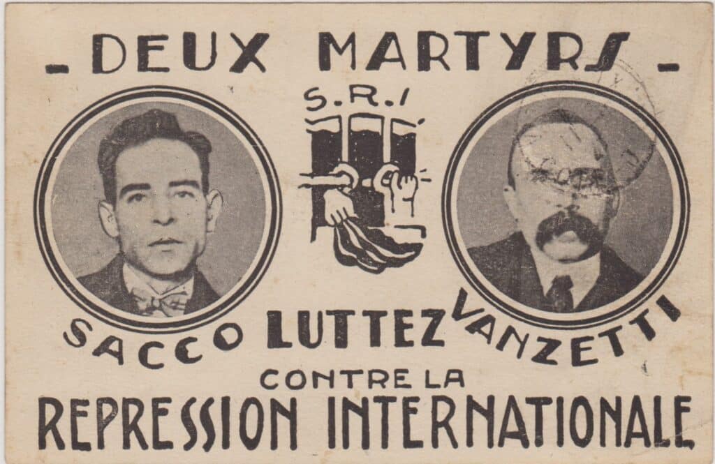 Carte de soutien à la campagne de solidarité pour Sacco et Vanzetti, éditée par la section française du Secours rouge international (SRI), en 1927 - Secours rouge international | Domaine public