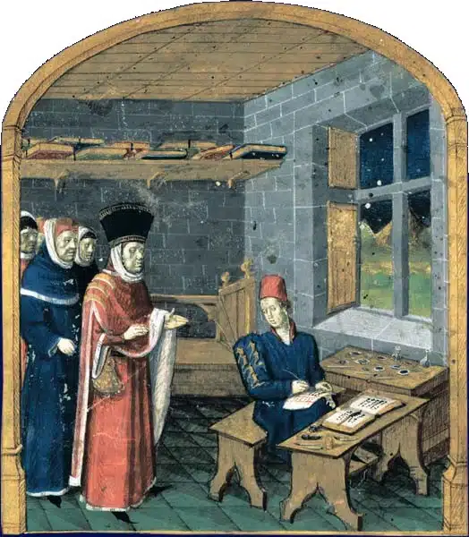 Miniature du chancelier Guillaume Jouvenel des Ursins rendant visite à un enlumineur travaillant sur l'ouvrage Mare historiarum (XIIIe), qui raconte l'histoire du monde depuis sa Création, milieu du XVe siècle - auteur inconnu - Bibliothèque nationale de France I Domaine public