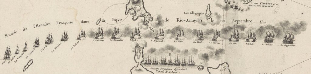 Ordre de bataille de l'escadre de René Duguay-Trouin lors de l'attaque de Rio en septembre 1711. Détail d'un plan général de l'attaque daté de 1711, mais probablement plus tardif car le retour ne s'est fait qu'en février 1712. Guerre de Succession d'Espagne (1702 - 1714). - Drouet | Domaine Public