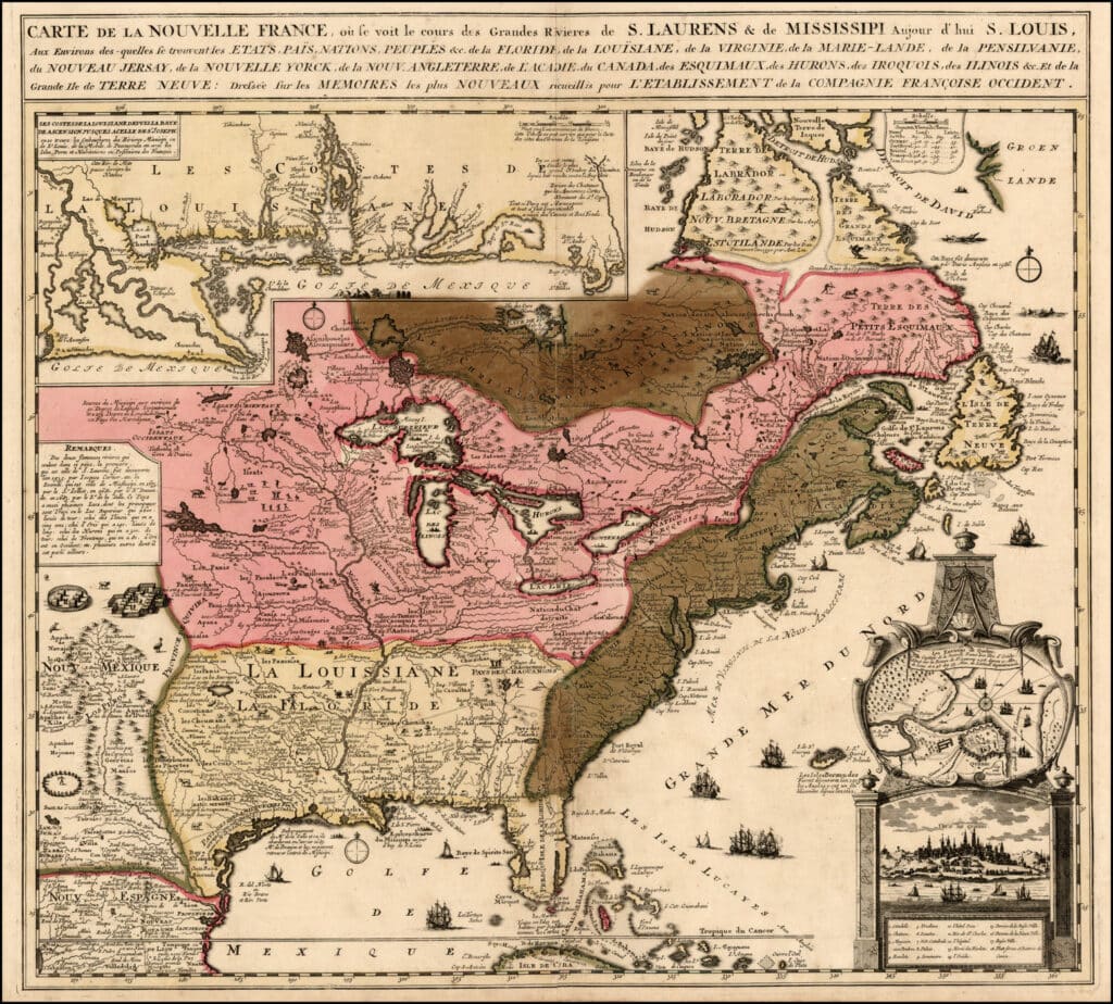 Carte de la Nouvelle-France dressée sur les memoires les plus nouveaux recueillis pour l'établissement de la Compagnie françoise occident. Faite à Amsterdam, 1719 - Nicolas de Fer | Domaine Public