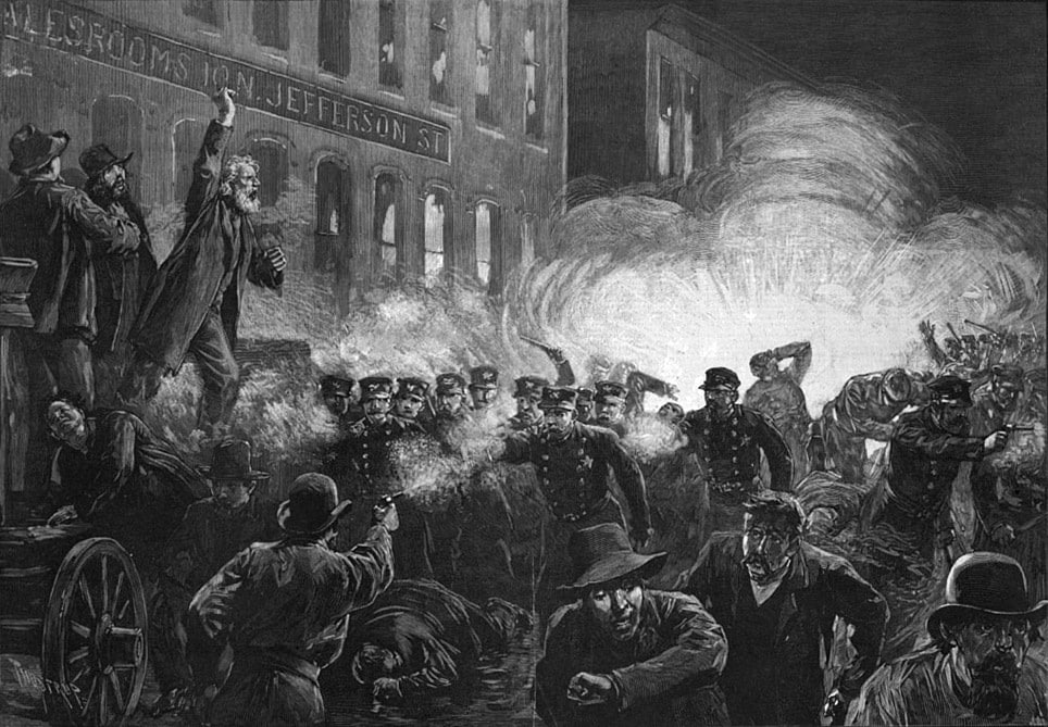 Massacre de Haymarket Square, gravure de 1886 parue dans le journal Harper's Weekly | Domaine Public