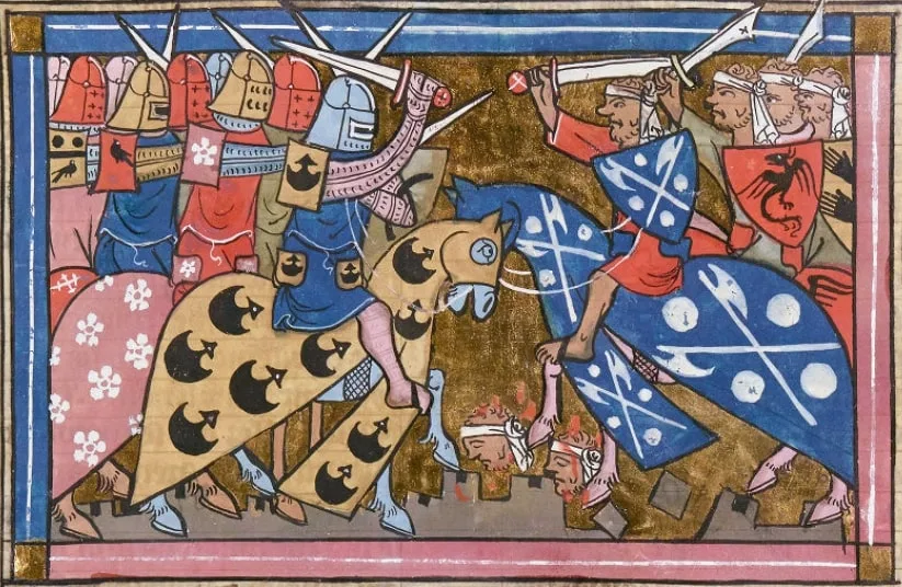 Miniature d'un manuscrit enluminé représentant un combat de la deuxième croisade de Louis VII, venu à l'aide du roi de Jérusalem Baudoin III contre les armées arabes, au milieu du XIIe siècle - Guillaume de Tyr, Histoire d'Outremer, XIVe siècle [BnF, département des Manuscrits] | Domaine public