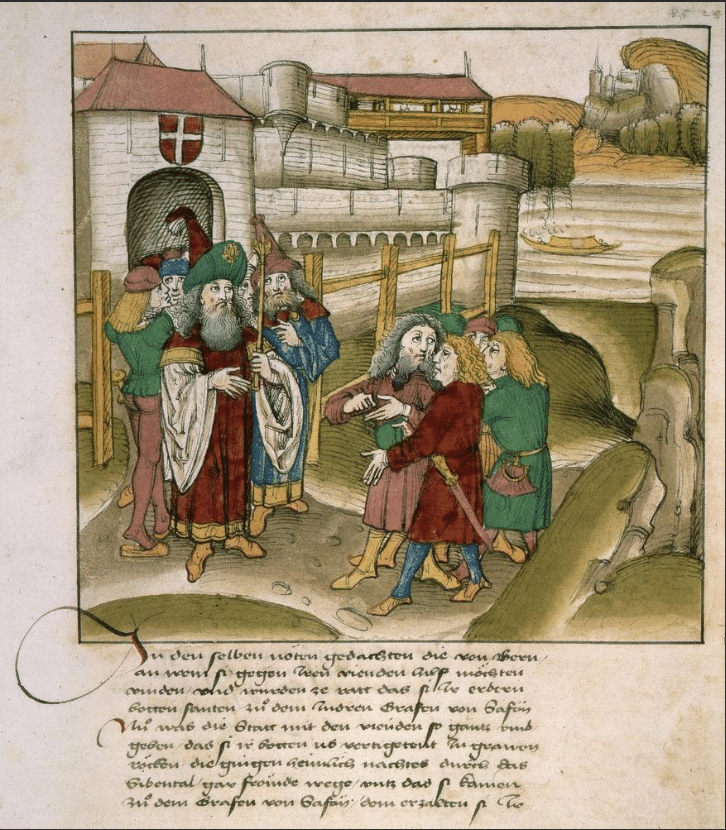 Enluminure représentant le comte de Savoie Pierre II, en 1255 devant le château de Chillon, qui reçoit une visite diplomatique d'ambassadeurs bernois - Chronique de Spiez, années 1480, par Diebold Schilling le Vieux - Bibliothèque de la Bourgeoisie de Berne I Domaine public