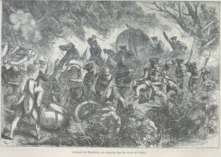 L'armée de Braddock attaquée par les Indiens et les Français en juillet 1755. Gravure française de la fin du XIXème siècle - BNF | Domaine Public