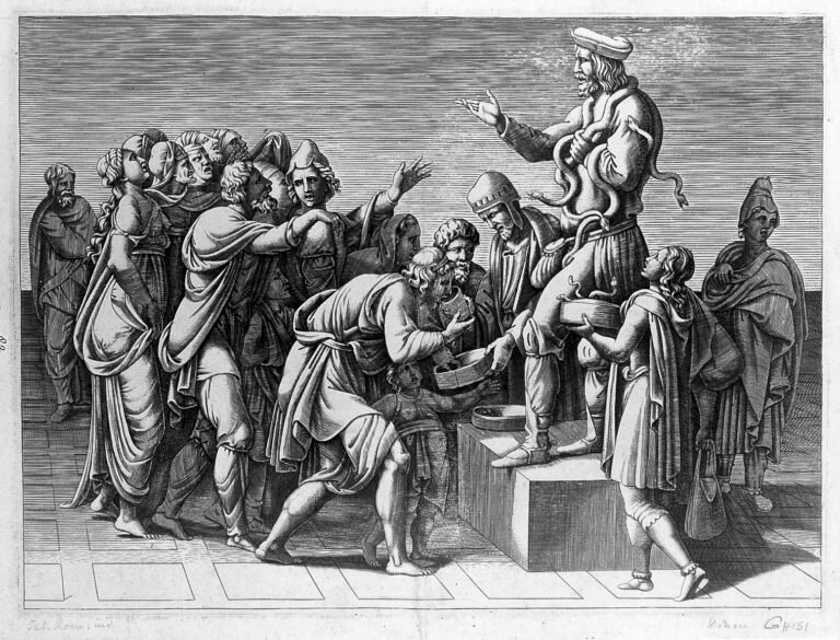Marchand ambulant de remèdes, couvert de serpents vivants - Giulio Romano (1492 ou 1499-1546) | Creative Commons BY 4.0