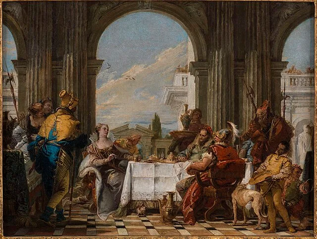 Giambattista Tiepolo a illustré dans ce tableau un épisode de la vie de Cléopâtre, raconté par Pline l'Ancien dans son "Historia Naturalis" (livre IX) et par Plutarque dans ses "Vie des hommes illustres" - Tiepolo, Giambattista | Domaine public