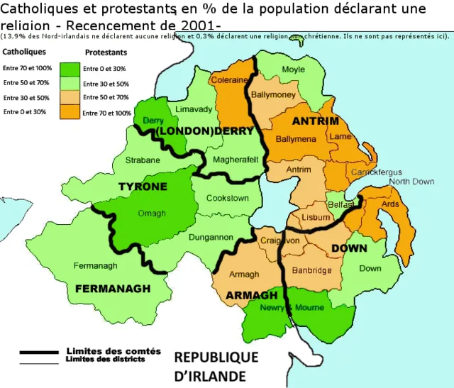 Part de la population catholique et protestante en Irlande du Nord en 2001 - Christophe Cagé | Creative Commons BY-SA 3.0