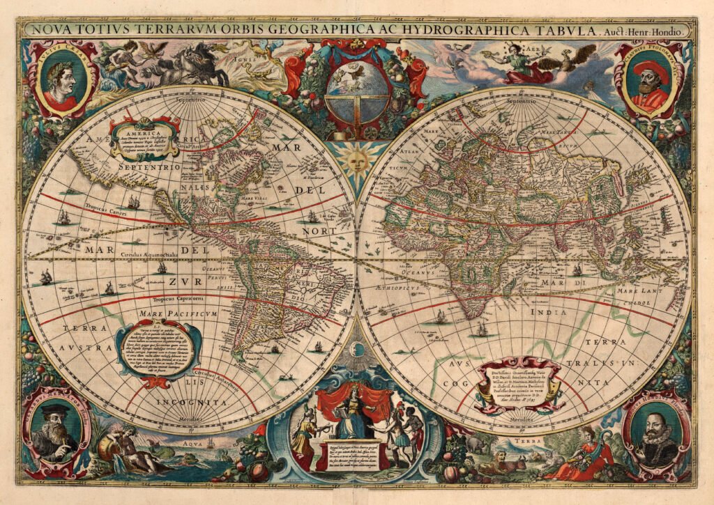Reproduction (datant de 1641) d'une carte du globe à double hémisphère publiée originellement en 1630 par le cartographe néerlandais Henricus Hondius (1597-1651) - Libre de droit