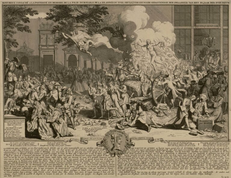 Gravure, allégorique et satirique avec un texte descriptif en français et en hollandais, relative à la banqueroute du système bancaire et monétaire du ministre des finances de la France, John Law de Lauriston, et représentant un défilé, rue Quincampoix, en 1720. - Bernard Picart | Domaine public
