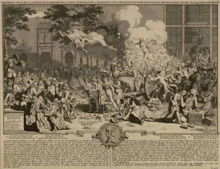 Gravure, allégorique et satirique avec un texte descriptif en français et en hollandais, relative à la banqueroute du système bancaire et monétaire du ministre des finances de la France, John Law de Lauriston, et représentant un défilé, rue Quincampoix, en 1720. - Bernard Picart | Domaine public